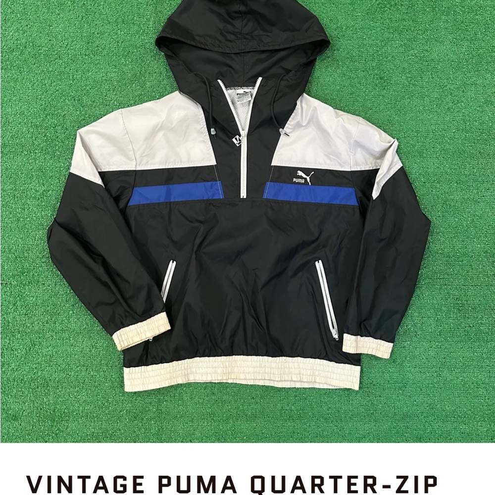 Puma Black and Blue Vintage Windbreaker with Quarter-Zip